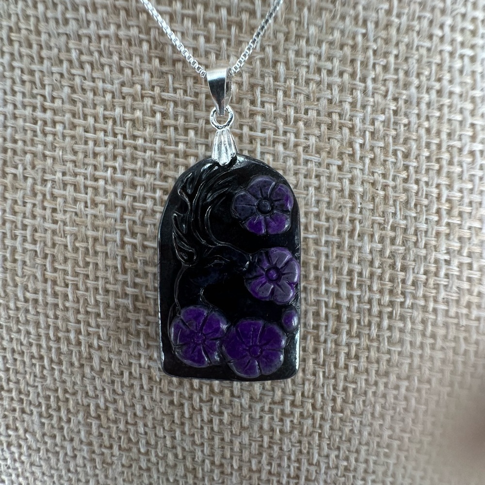 Arch Shaped Deer and Flowers Sugilite Pendant on Sterling Silver Box Chain - Picture 13 of 16